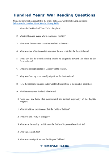 Hundred Years’ War Reading Questions Worksheet