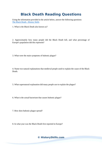 Black Death Reading Comprehension Worksheet