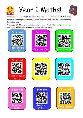 Year 1 Maths QR Code Homework Handout