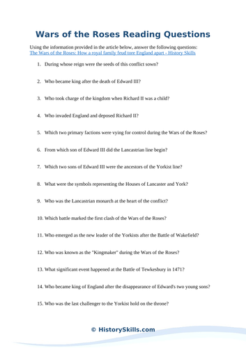 Wars of the Roses Reading Questions Worksheet