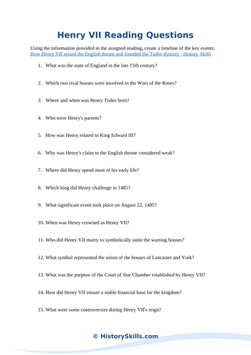 Henry VII Reading Questions Worksheet