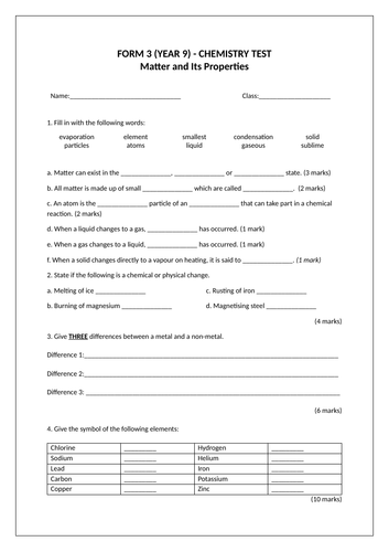 Form 3 (Year 9) Chemistry Test - Matter & Its Properties