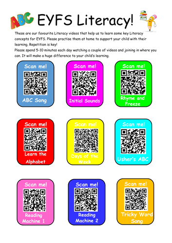 EYFS Literacy QR codes Homework Handout