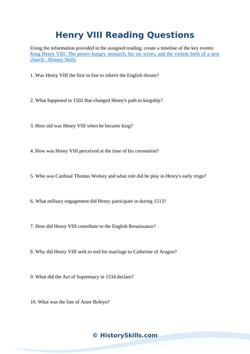 King Henry VIII Reading Questions Worksheet