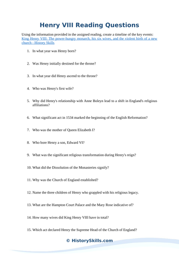King Henry VIII Reading Questions Worksheet