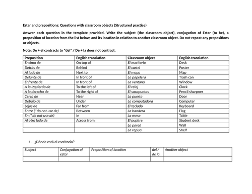 Estar and prepositions: Questions with classroom objects (Structured practice)