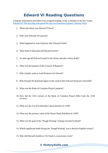 King Edward VI Reading Questions Worksheet