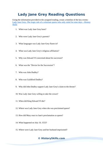 Lady Jane Grey Reading Questions Worksheet