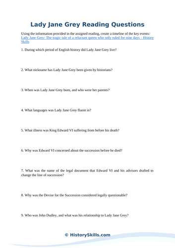 Lady Jane Grey Reading Questions Worksheet