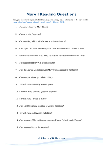 Queen Mary I Reading Questions Worksheet