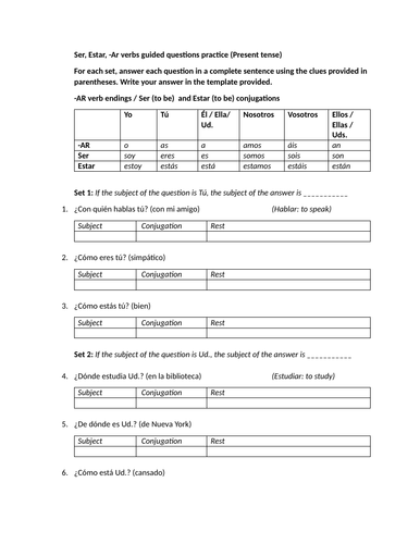 Ser, Estar, -Ar verbs guided questions practice (Present tense)