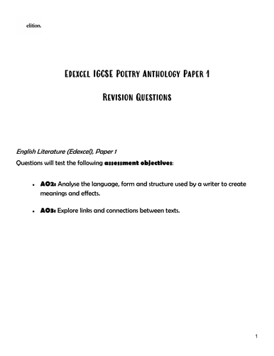 Edexcel IGCSE English Literature Poetry Anthology Revision Booklet