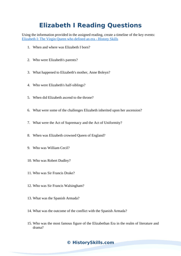 Queen Elizabeth I Reading Questions Worksheet