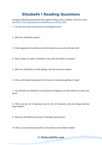 Queen Elizabeth I Reading Questions Worksheet