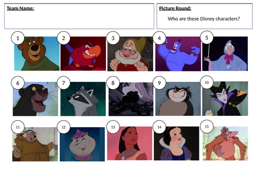 Disney Characters Picture Quiz - answers in description