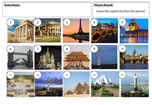 Capital Cities Picture Quiz - answers in description