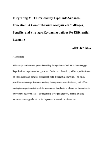 Integrating MBTI Personality Types into Sudanese Education: A Comprehensive Analysis of Challenges,