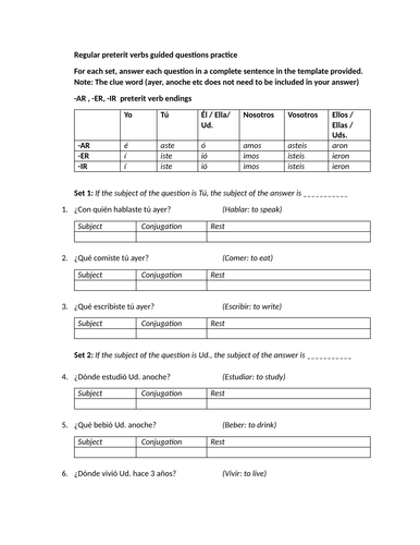 Regular preterit verbs guided questions practice