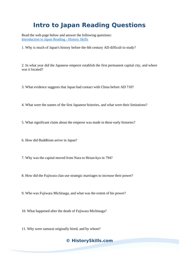 Introduction to Japanese History Reading Worksheet
