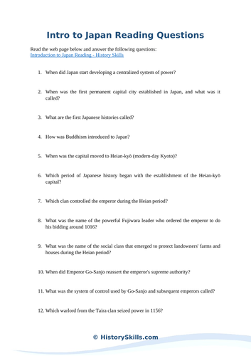 Introduction to Japanese History Reading Worksheet