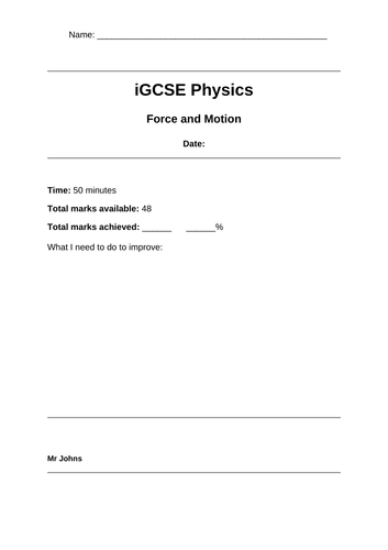 IGSCE Physics Force and Motion Test