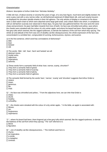 KS3 Dickens Characterisation Multiple Choice Quiz HW Cover Arthur Gride "Nicholas Nickleby"