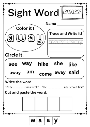 away sight word worksheet kindergarten
