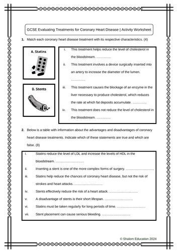 GCSE Biology - Evaluating Treatments for Coronary Heart Disease Worksheet