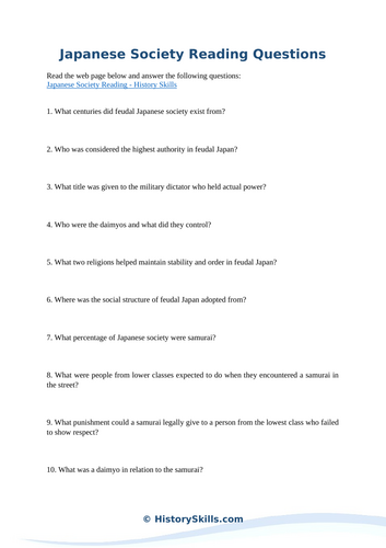 Japanese Society Reading Questions Worksheet