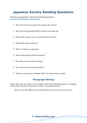 Japanese Society Reading Questions Worksheet