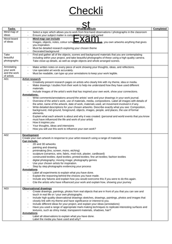 GCSE Art exam checklist