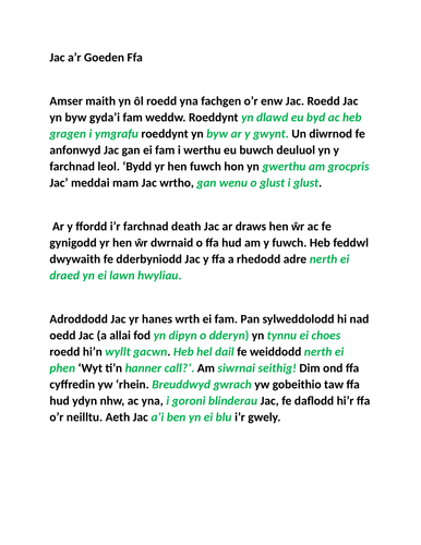 Cymraeg Iaith Gyntaf: Blwyddyn 3 a 4 : JAC A'R GOEDEN FFA gydag IDIOMAU