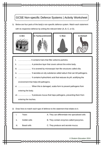 GCSE Biology - Non-specific Defence Systems Activity Worksheet