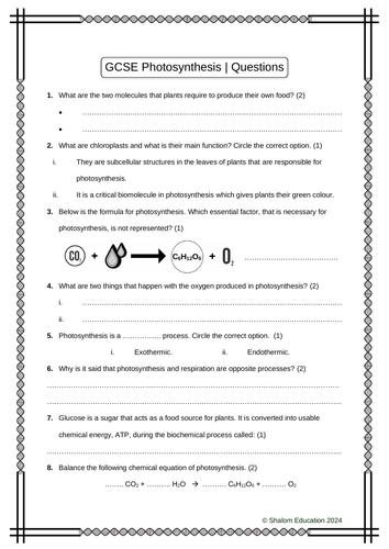 GCSE Biology - Photosynthesis Practice Questions Worksheet