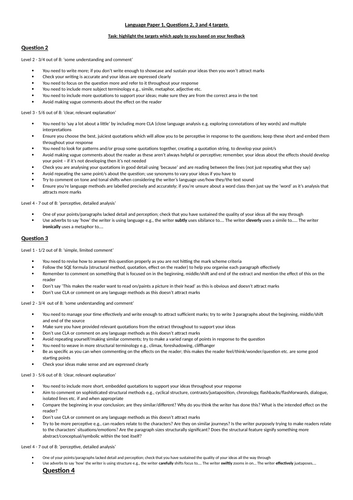 AQA Language Paper 1 questions 2 , 3 and 4 graded targets