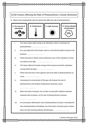 GCSE Biology - Factors Affecting the Rate of Photosynthesis Activity Worksheet