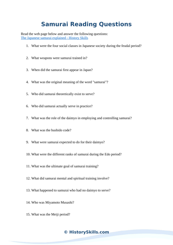 Introduction to the Samurai Reading Questions Worksheet