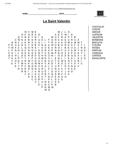 Mots cachés - La Saint-Valentin (Valentine's day word search in French)