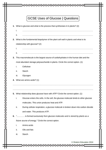 GCSE Biology - Uses of Glucose Practice Questions Worksheet