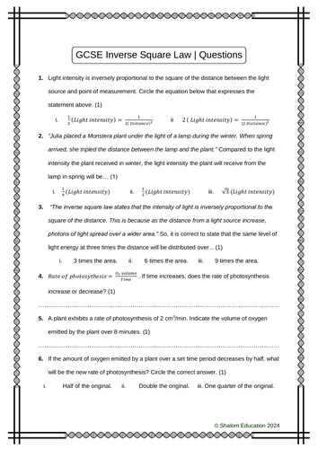 GCSE Biology - Inverse Square Law Practice Questions Worksheet