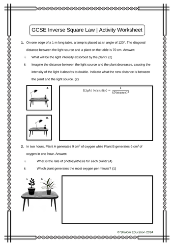 GCSE Biology - Inverse Square Law Activity Worksheet