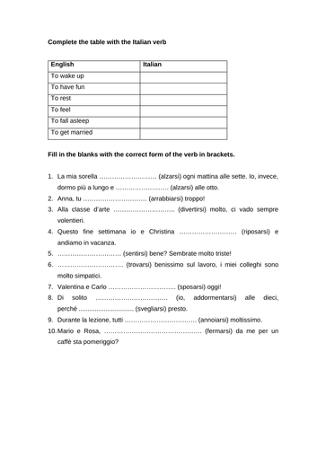 Italian reflexive verbs worksheet