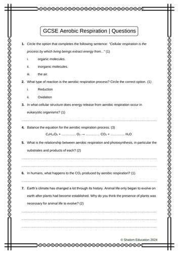 GCSE Biology - Aerobic Respiration Practice Questions Worksheet