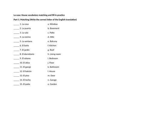 La casa: House vocabulary matching and fill in practice