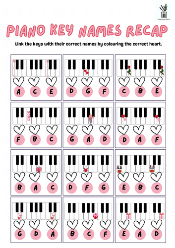 Valentines themed 'name the piano keys' worksheet.