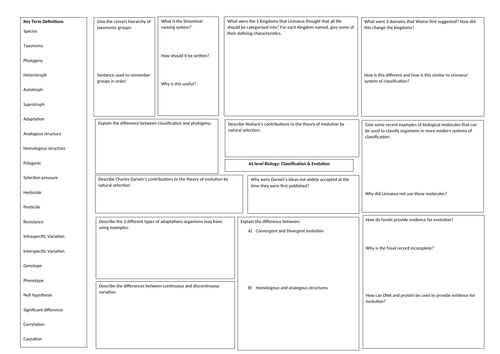 OCR Biology A Classification and Evolution revision worksheet