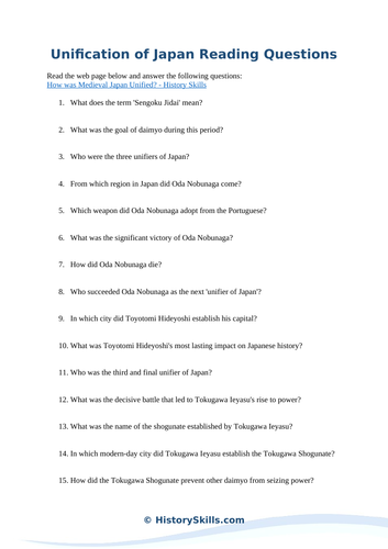 Unification of Feudal Japan Reading Questions Worksheet