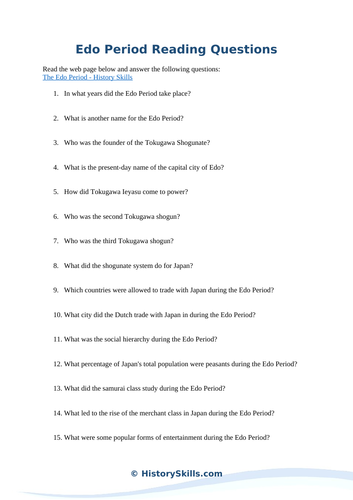 Edo Period of Japan Reading Questions Worksheet