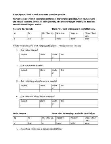 Hacer, Querer, Venir preterit structured questions practice