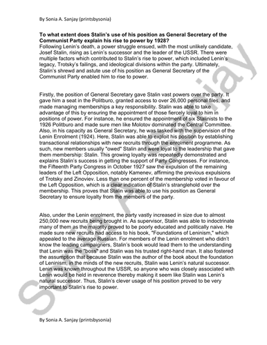 Cambridge A-Level History (9489) Paper 4 Stalin’s Russia Sample Essays